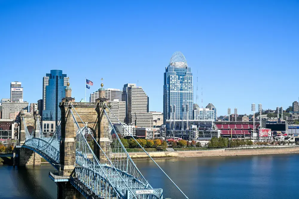 Cincinnati, Ohio skyline with the John A. Roebling Suspension Bridge over the Ohio River, the service area JiReH Integrated Care calls home